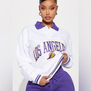 Los Angeles Lakers White and Purple Sweater Lakers Warm Up Sweatshirt - White